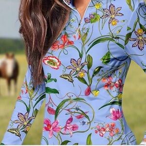 NWT Acagolfs Floral botanical butterfly UPF 50 Long Sleeve Top blue zip pullover
